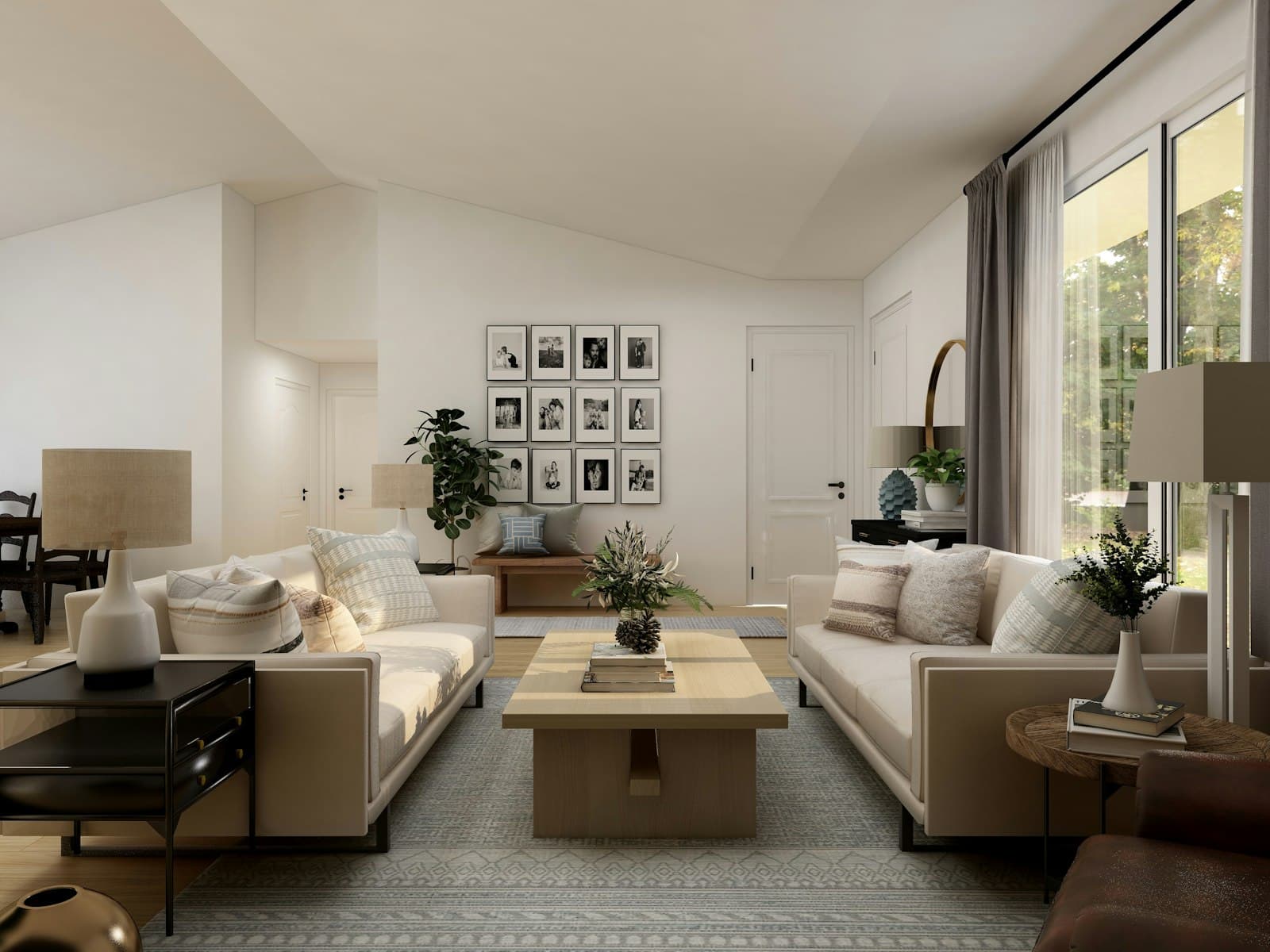 Bright living room with a pair of cream sofas and a wooden coffee table